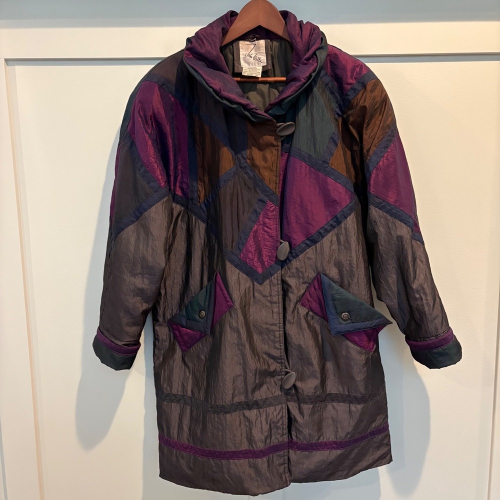 Vintage John Weitz Patchwork Parka Jacket Womens Large Purple Geometric 80s 90s